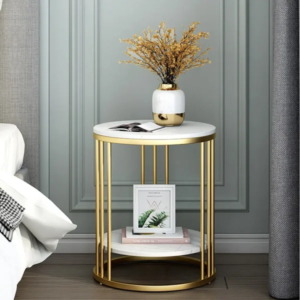 2-Tier White Marble Side Table Round Coffee Table Nightstand Jewellery Storage - Image 3