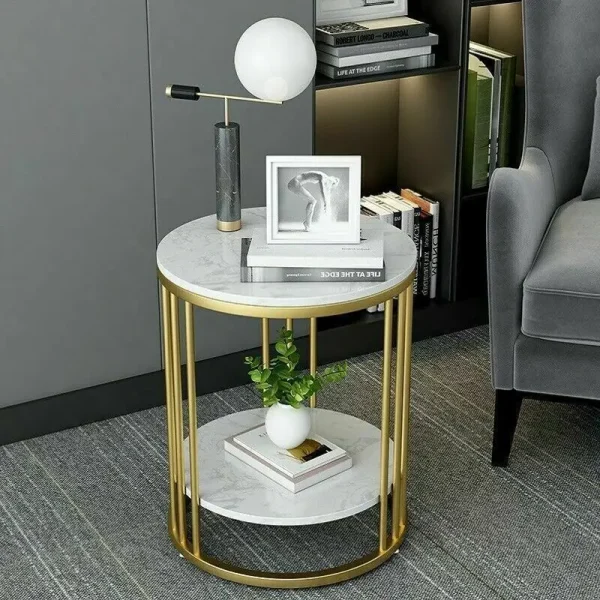 2-Tier White Marble Side Table Round Coffee Table Nightstand Jewellery Storage - Image 4