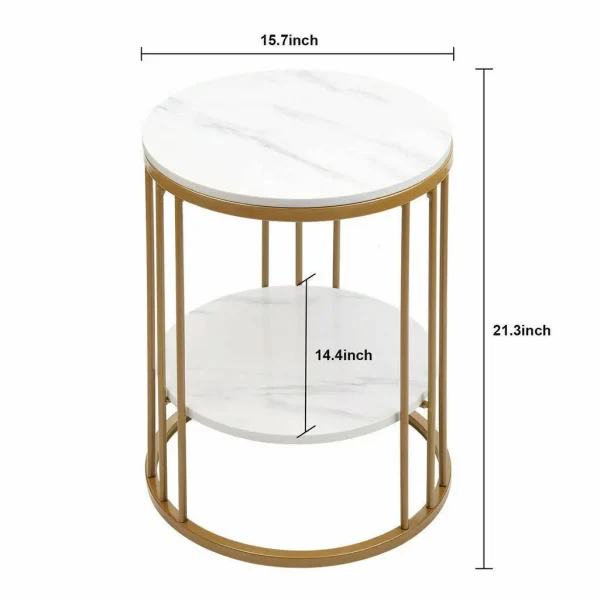 2-Tier White Marble Side Table Round Coffee Table Nightstand Jewellery Storage - Image 5