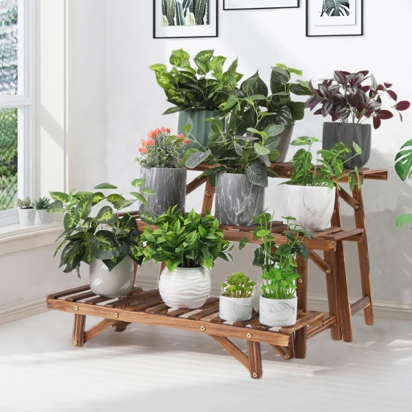 3-Tiered Pine Wood Ladder Plant Stand Set-Indoor/Outdoor Decor & Organizer