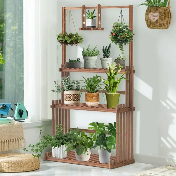 3-Tier Hanging Wood Plant Stand Planter Shelves Flower Pot Organizer Rack Multiple Display Holder Shelf Indoor Outdoor - Image 2