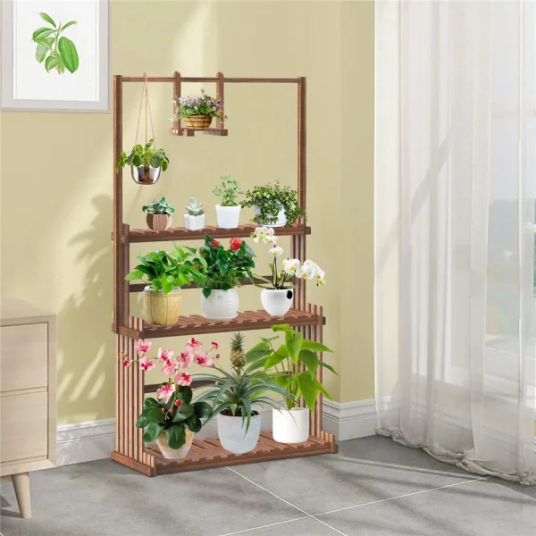 3-Tier Hanging Wood Plant Stand Planter Shelves Flower Pot Organizer Rack Multiple Display Holder Shelf Indoor Outdoor - Image 4