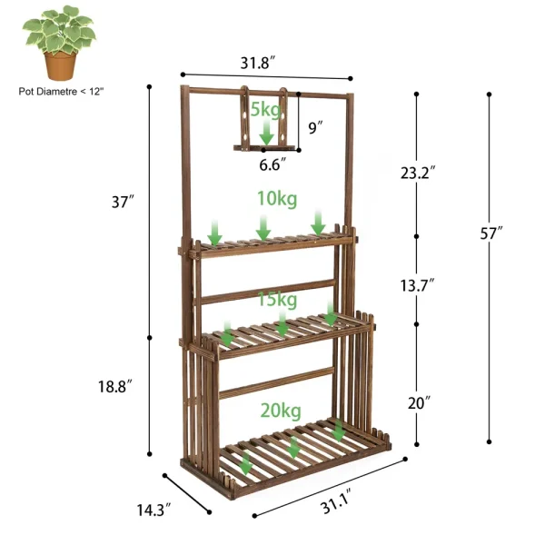 3-Tier Hanging Wood Plant Stand Planter Shelves Flower Pot Organizer Rack Multiple Display Holder Shelf Indoor Outdoor - Image 5