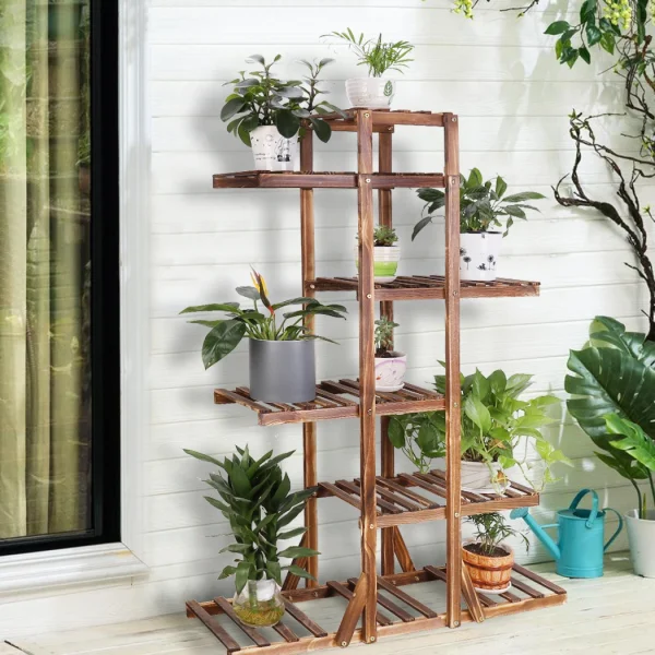 6 Tier Wooden Plant Stand Carbonized Wood Plant Stand Holder Flower Display Stand Flower Pot Rack Bonsai Display Bench Patio She - Image 2