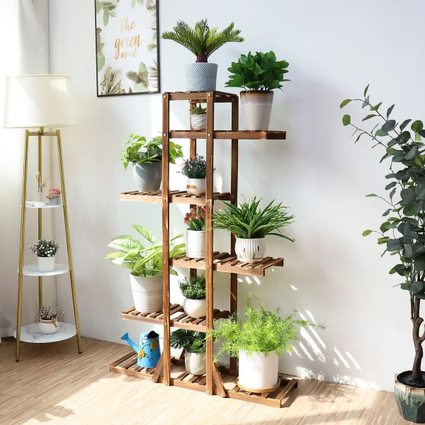 6 Tier Wooden Plant Stand Carbonized Wood Plant Stand Holder Flower Display Stand Flower Pot Rack Bonsai Display Bench Patio She - Image 5