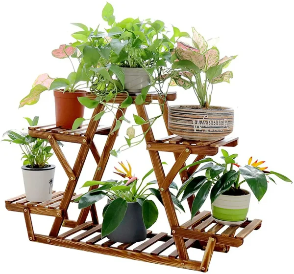 6 Tiered Wood Plant Stand Indoor Outdoor Carbonized Triangle Corner Plant Rack - Image 2