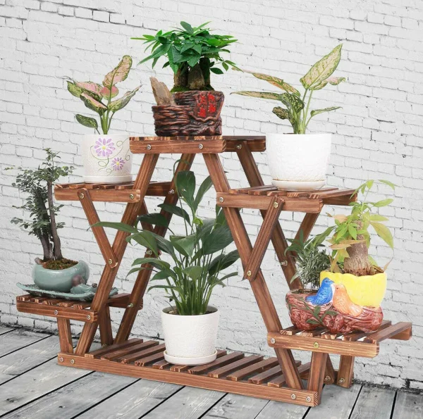 6 Tiered Wood Plant Stand Indoor Outdoor Carbonized Triangle Corner Plant Rack - Image 3