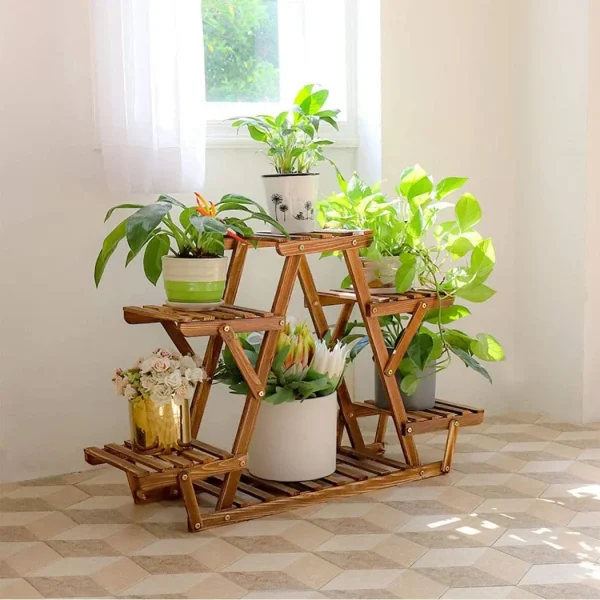 6 Tiered Wood Plant Stand Indoor Outdoor Carbonized Triangle Corner Plant Rack - Image 4