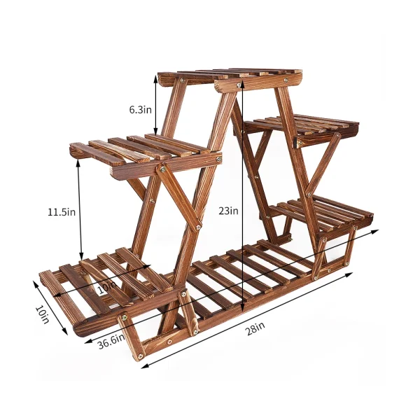 6 Tiered Wood Plant Stand Indoor Outdoor Carbonized Triangle Corner Plant Rack - Image 6