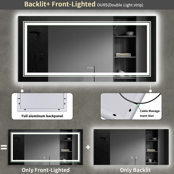 Extra Large Rectangle Bathroom Mirror LED Vanity Dimmable Backlit Anti-Fog Memory with Front and Backlight Shatter-Proof - Image 3