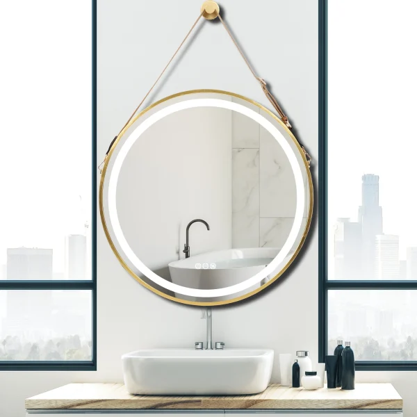 Frame Round Bathroom Mirror, with Light,Wall Mounted Lighted Vanity Mirror, Anti-Fog & Dimmable Touch Switch