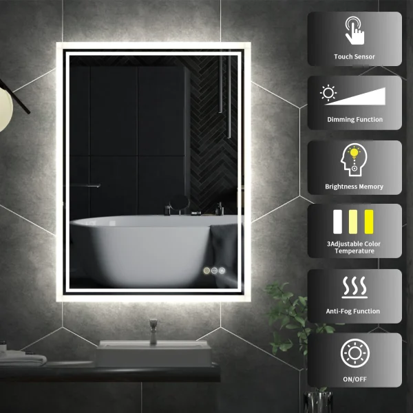 LED Backlit Mirror Bathroom Vanity with Lights,Anti-Fog,Dimmable,CRI90+,Touch Button,Water Proof,Horizontal/Vertical - Image 6