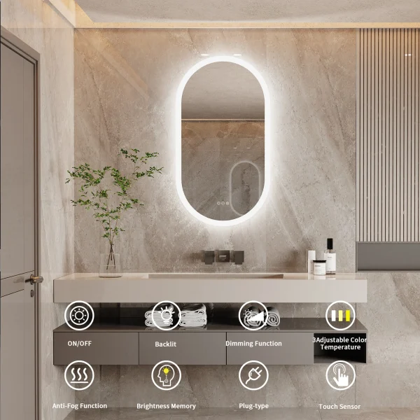 Led Bathroom Mirror for Wall Mounted Oval Lighted Vanity Mirror with Lights Backlit, Frameless Wall Mirror with Lights Anti-Fog - Image 3