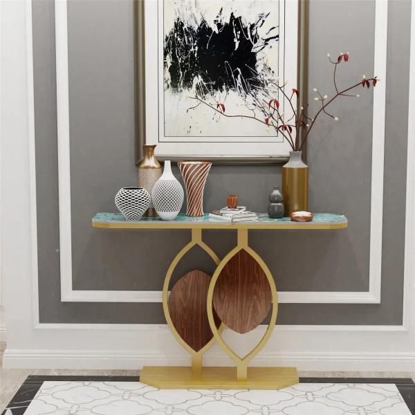 Modern Gold Console Table with Geometric Metal Base, Sintered Stone Narrow Entryway Table Foyer Table for Entrance, Living Room - Image 3