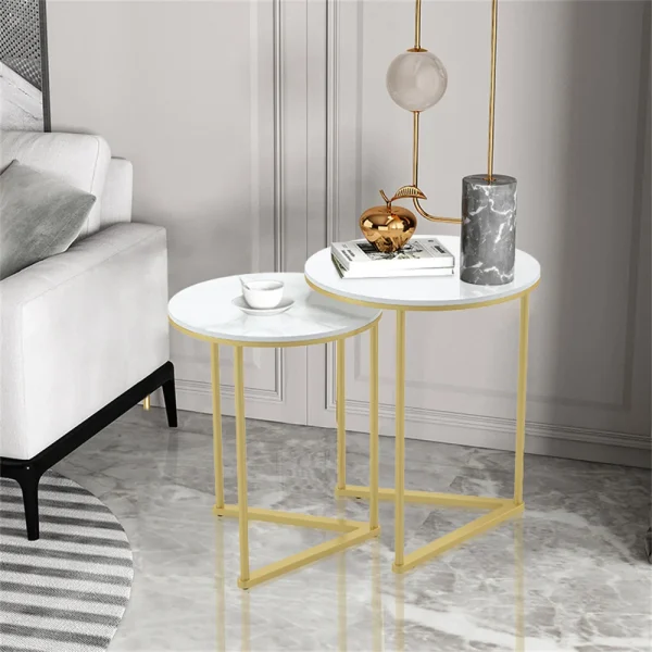 Modern Round Marble Metal Base Nesting Set Side Accent Table Living Room Storage Small End Table, Set of 2, Marble and Gold - Image 2