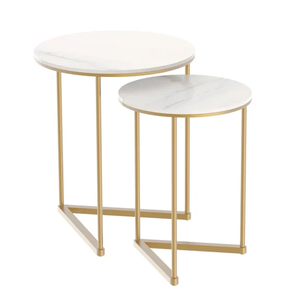 Modern Round Marble Metal Base Nesting Set Side Accent Table Living Room Storage Small End Table, Set of 2, Marble and Gold - Image 3