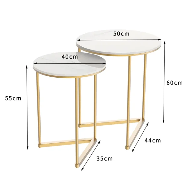 Modern Round Marble Metal Base Nesting Set Side Accent Table Living Room Storage Small End Table, Set of 2, Marble and Gold - Image 5