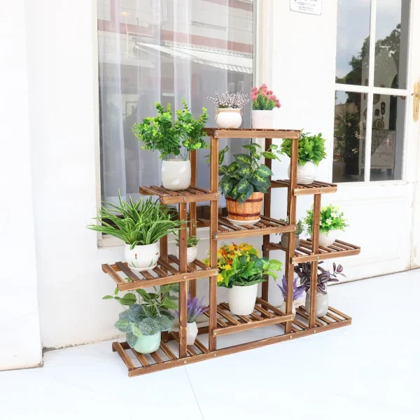 Multi-tiered Plant Stand 9 Tier Carbonized Wood Flower Rack Display Stand Indoor - Image 2