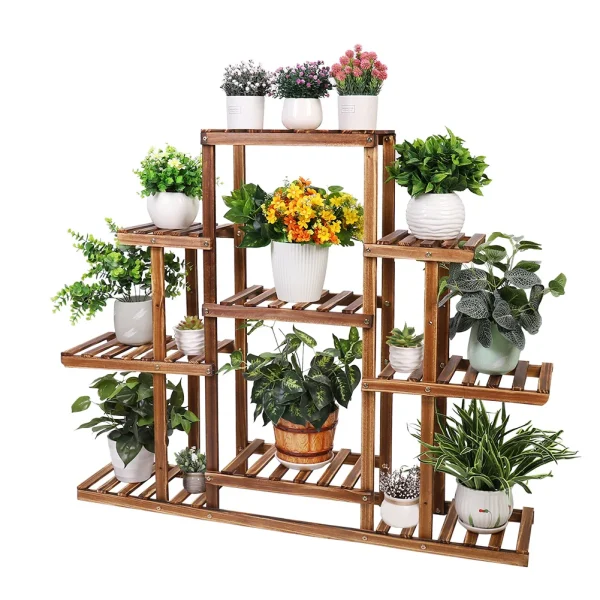 Multi-tiered Plant Stand 9 Tier Carbonized Wood Flower Rack Display Stand Indoor - Image 3