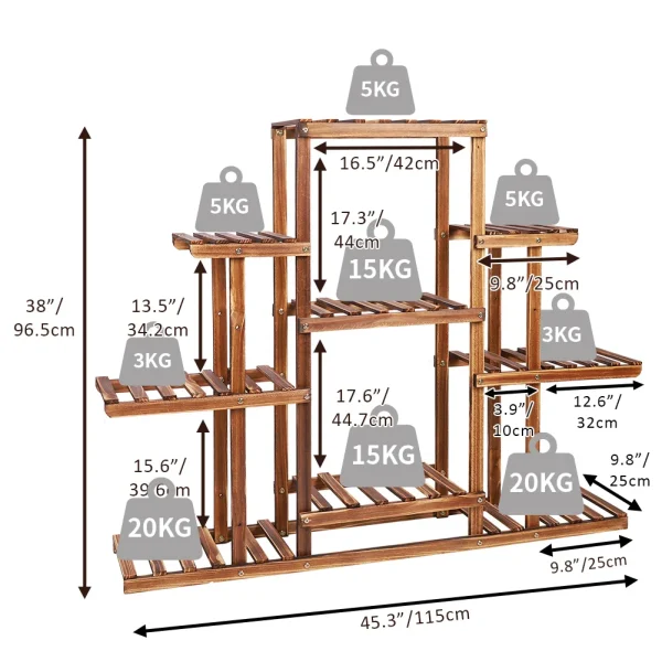 Multi-tiered Plant Stand 9 Tier Carbonized Wood Flower Rack Display Stand Indoor - Image 5