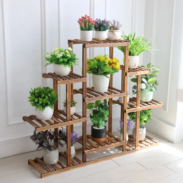 Multi-tiered Plant Stand 9 Tier Carbonized Wood Flower Rack Display Stand Indoor