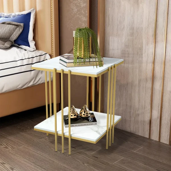 Tea Table End Table For Office Coffee Table Square Marble Top Gold Legs Magazine Shelf Small Desk Bedroom Living Room Furniture