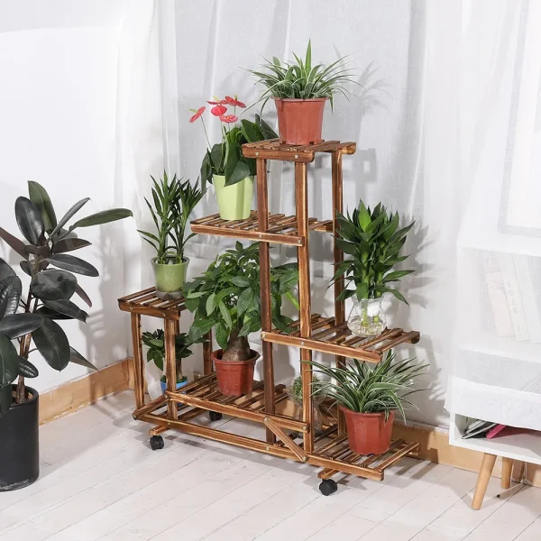 Movable Wood Plant Organizer-6 Tier Storage Rack with Wheels-Indoor/Outdoor - Image 2