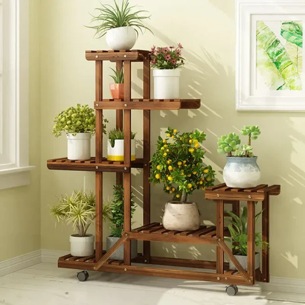 Movable Wood Plant Organizer-6 Tier Storage Rack with Wheels-Indoor/Outdoor - Image 3