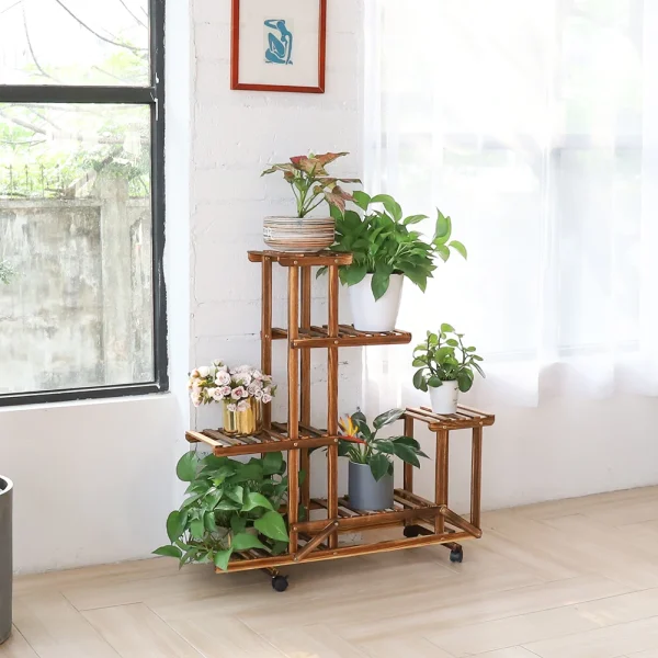 Movable Wood Plant Organizer-6 Tier Storage Rack with Wheels-Indoor/Outdoor - Image 5