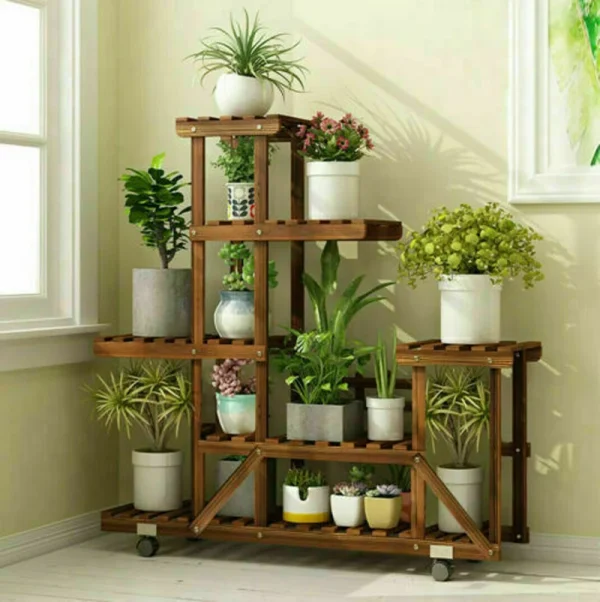 Movable Wood Plant Organizer-6 Tier Storage Rack with Wheels-Indoor/Outdoor