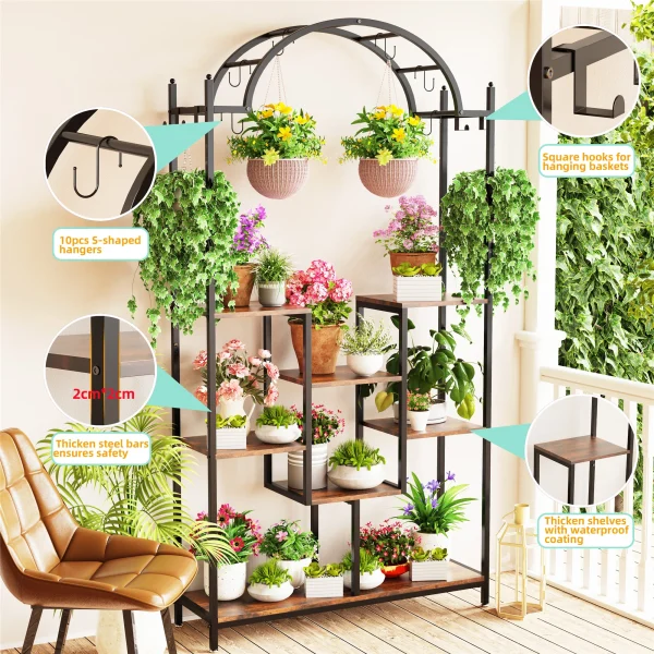 5-Tier Tall Indoor Plant Stand, 74.8'' Arched Metal Flower Shelf with Hanging Hooks, Large Bonsai Pots Display Rack for Garden - Image 3