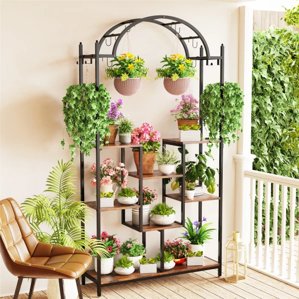 5-Tier Tall Indoor Plant Stand, 74.8'' Arched Metal Flower Shelf with Hanging Hooks, Large Bonsai Pots Display Rack for Garden - Image 8