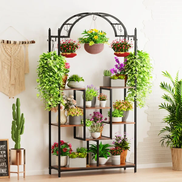 5-Tier Tall Indoor Plant Stand, 74.8'' Arched Metal Flower Shelf with Hanging Hooks, Large Bonsai Pots Display Rack for Garden - Image 7