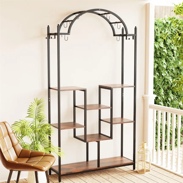 5-Tier Tall Indoor Plant Stand, 74.8'' Arched Metal Flower Shelf with Hanging Hooks, Large Bonsai Pots Display Rack for Garden - Image 6