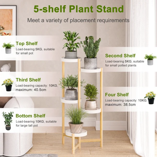 Bamboo Plant Stands Indoor, 5 Tier Tall Corner Plant Stand Holder & Plant Display Rack for Outdoor Garden Indoor Home - Image 5