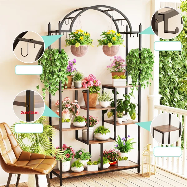 5-Tier Tall Indoor Plant Stand, 74.8'' Arched Metal Flower Shelf with Hanging Hooks, Large Bonsai Pots Display Rack for Garden - Image 5