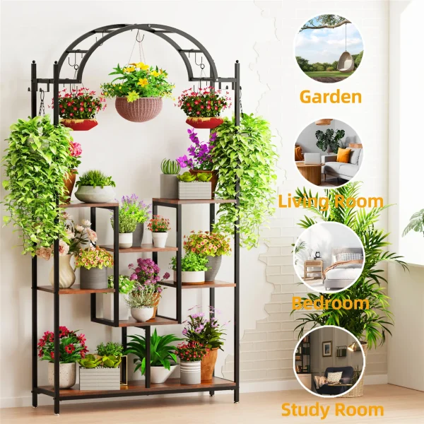 5-Tier Tall Indoor Plant Stand, 74.8'' Arched Metal Flower Shelf with Hanging Hooks, Large Bonsai Pots Display Rack for Garden - Image 4